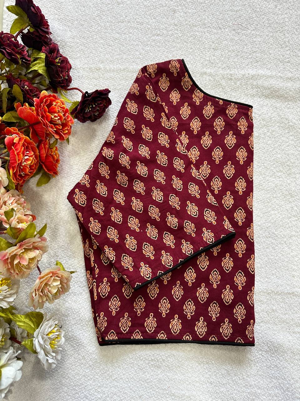 Cotton natural dye handblock print boat neck neck blouse