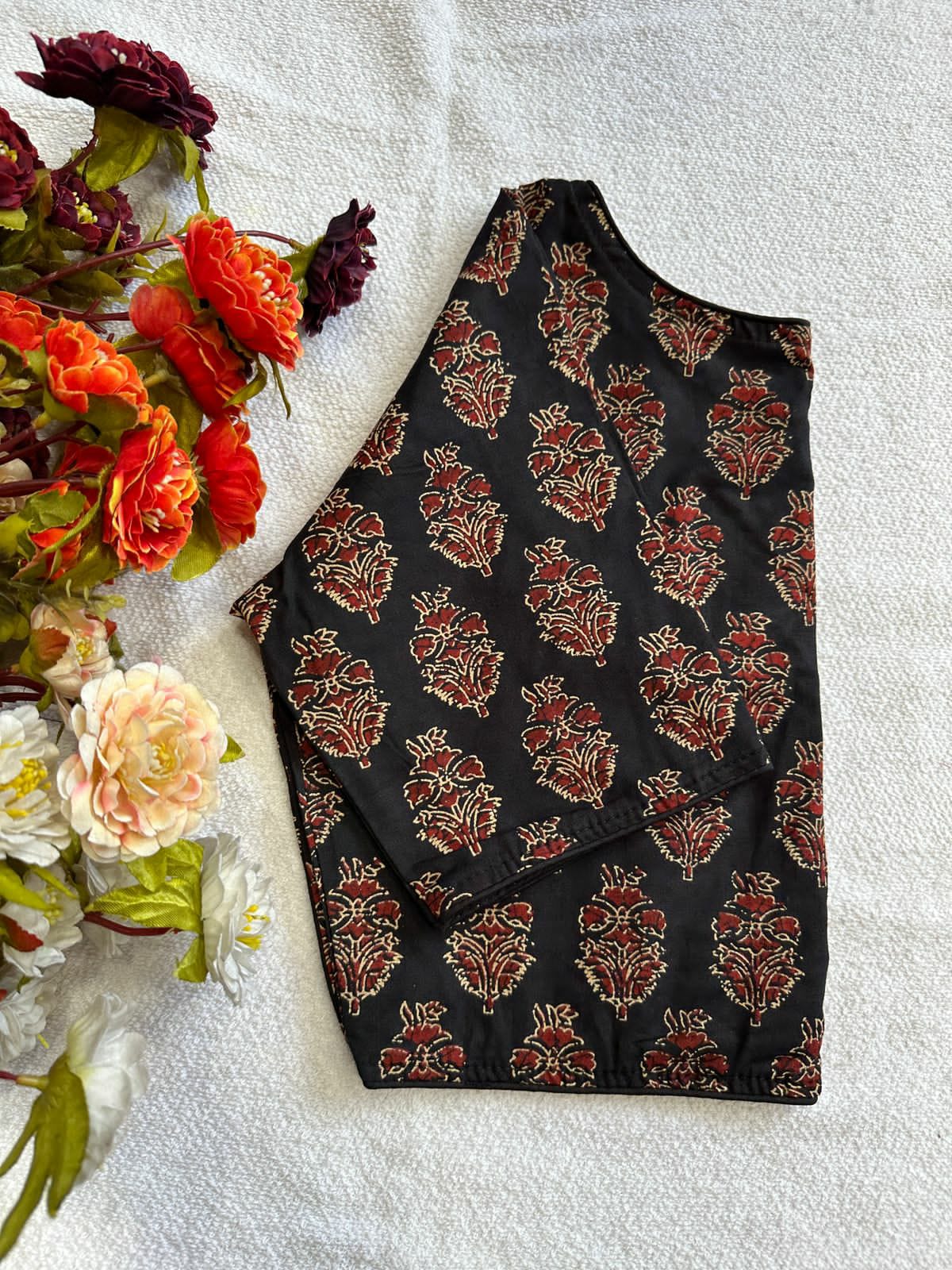 Cotton natural dye handblock print boat neck neck blouse