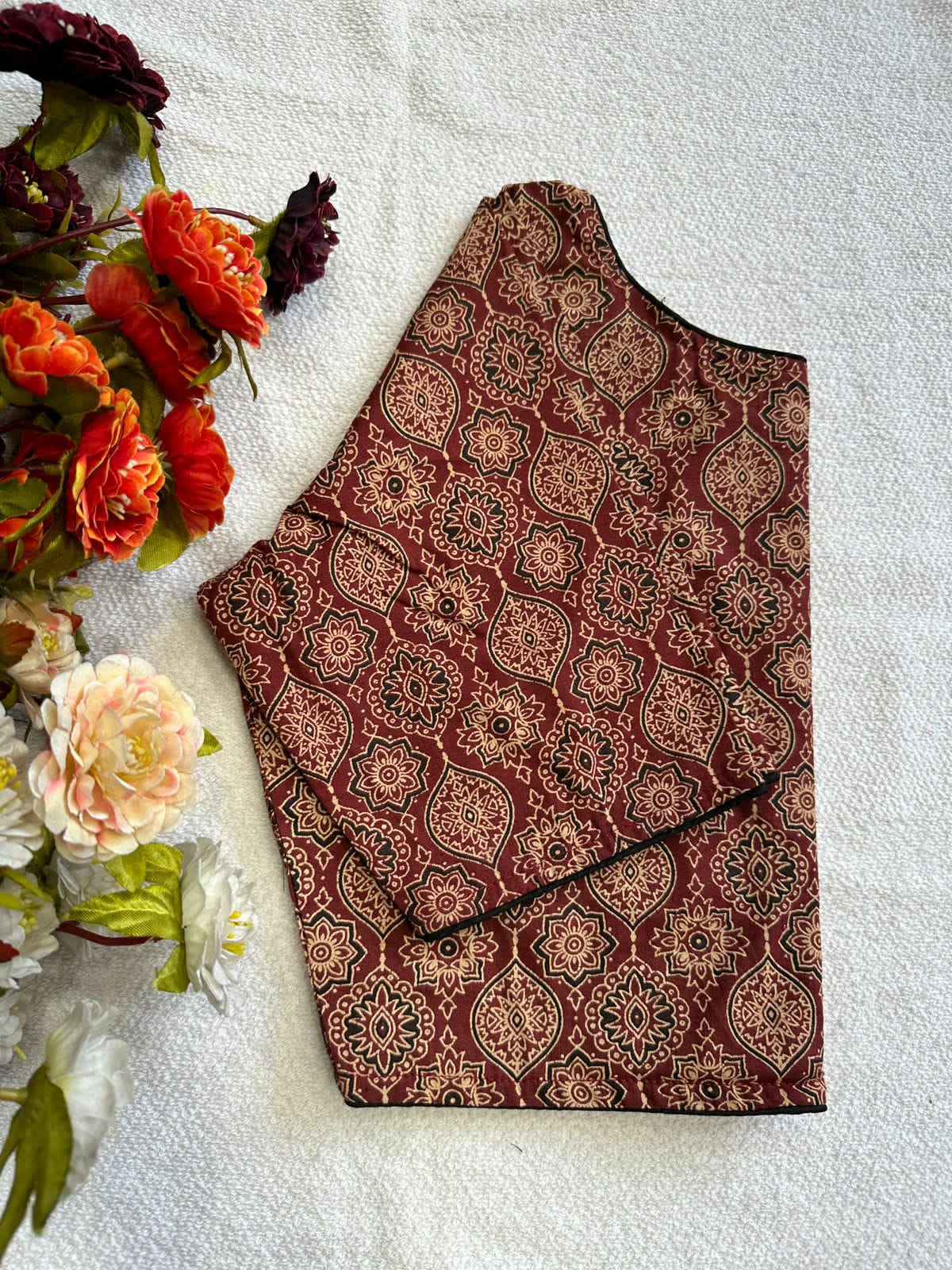 Cotton natural dye handblock print boat neck neck blouse