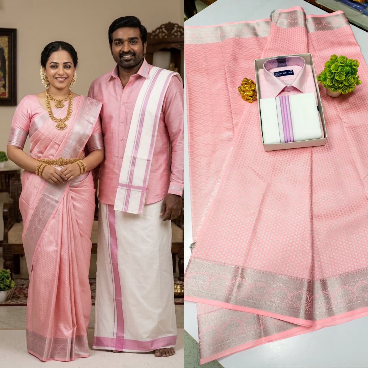 Semi Silk Saree & Cotton Dhoti Shirt - Couple Combo Set