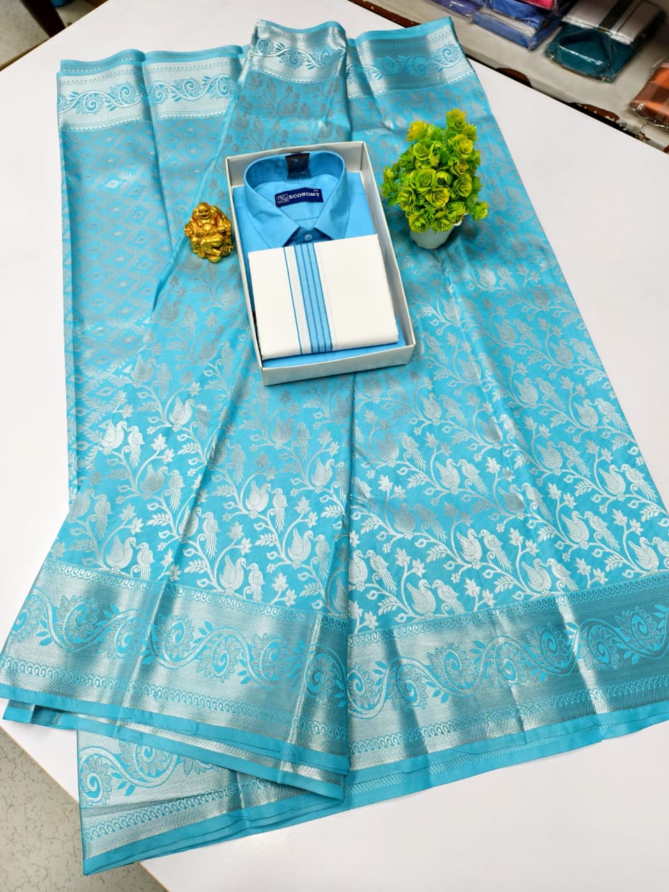 Semi Silk Saree & Cotton Dhoti Shirt - Couple Combo Set