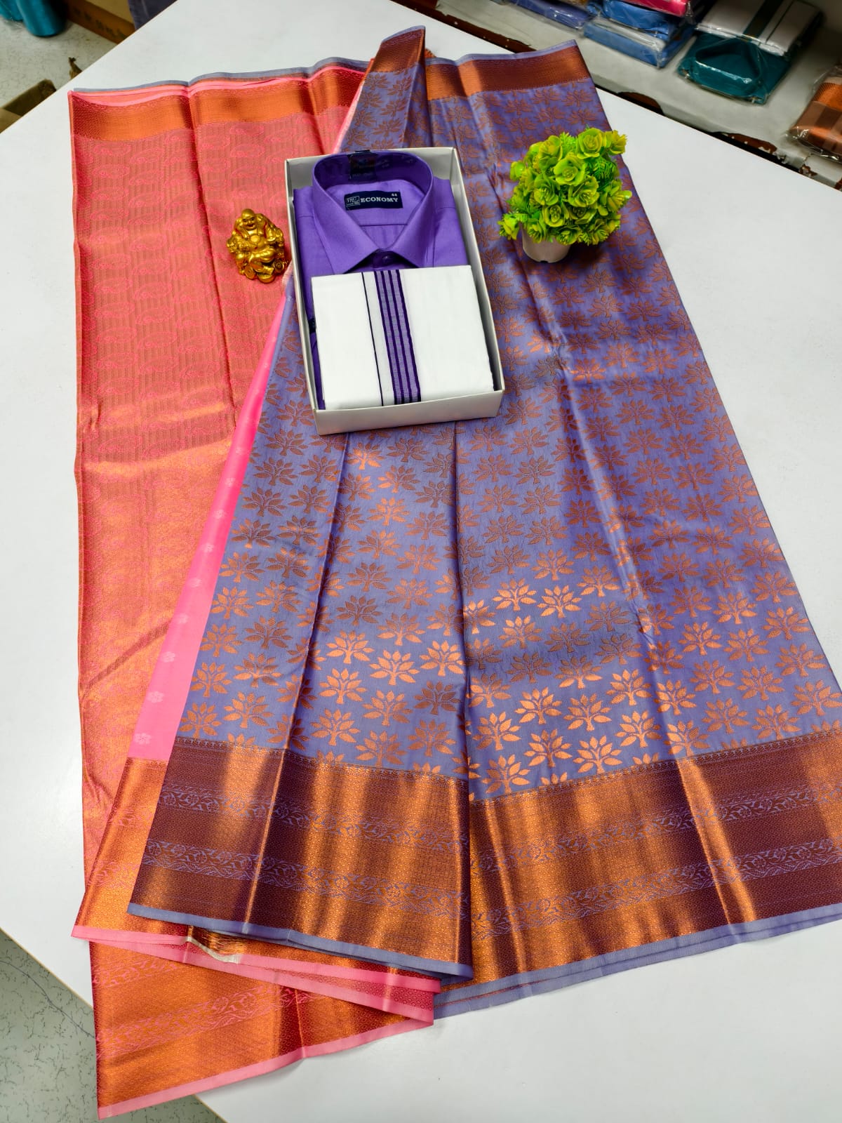 Semi Silk Saree & Cotton Dhoti Shirt - Couple Combo Set