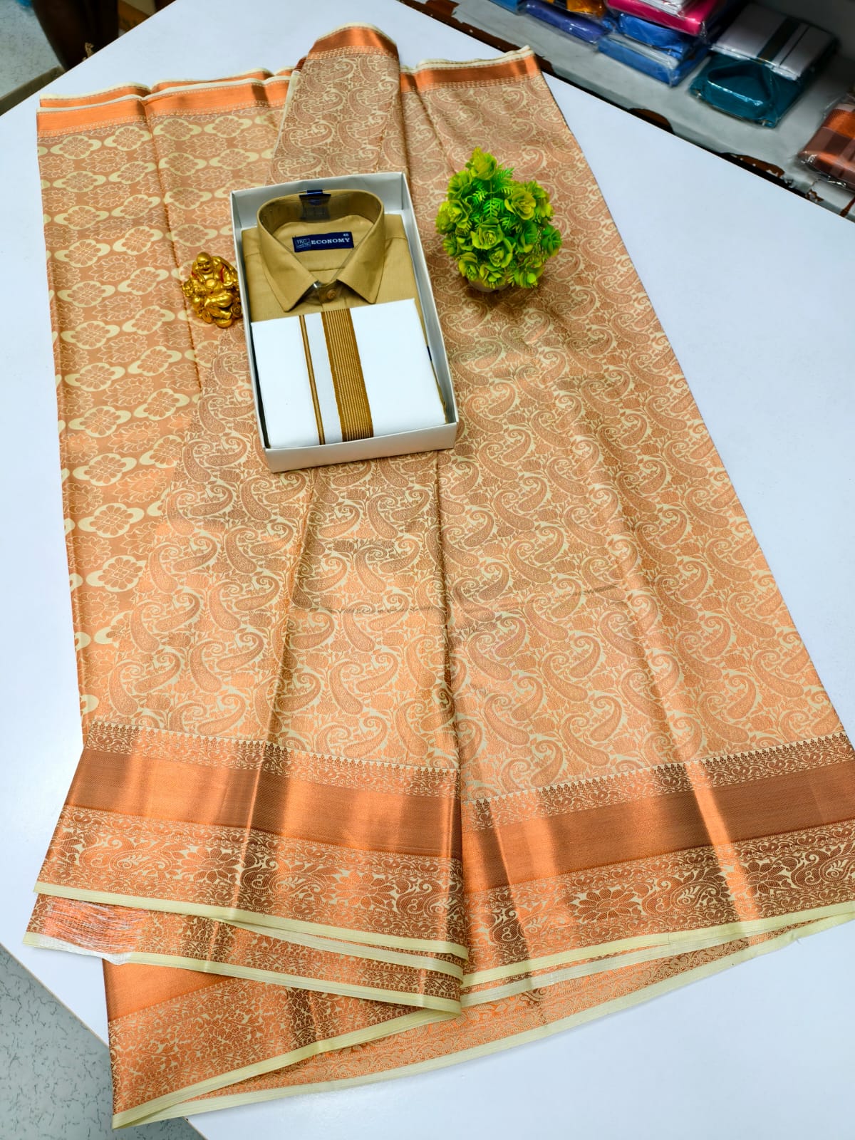 Semi Silk Saree & Cotton Dhoti Shirt - Couple Combo Set