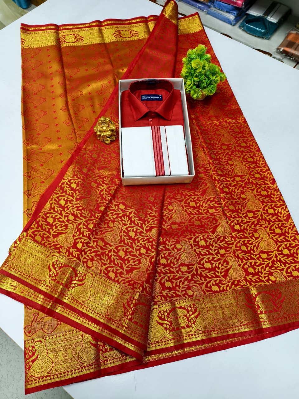 Semi Silk Saree & Cotton Dhoti Shirt - Couple Combo Set