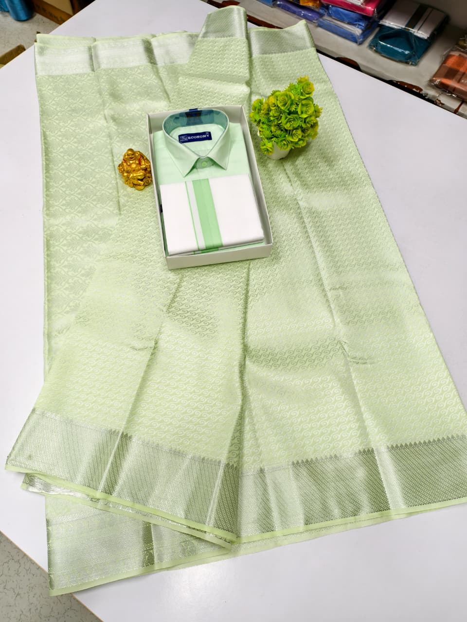 Semi Silk Saree & Cotton Dhoti Shirt - Couple Combo Set