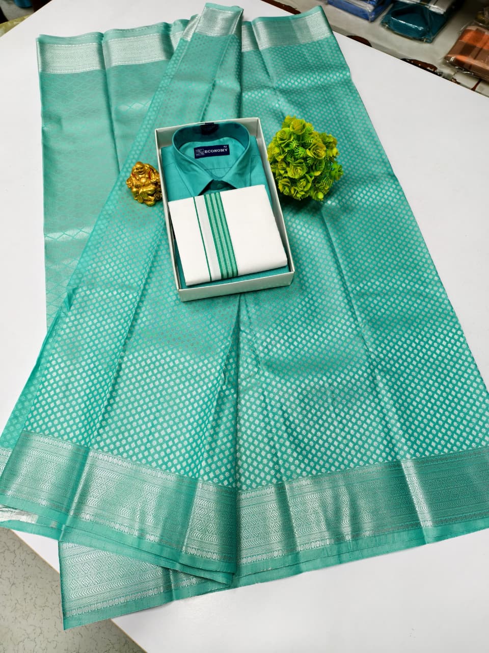 Semi Silk Saree & Cotton Dhoti Shirt - Couple Combo Set