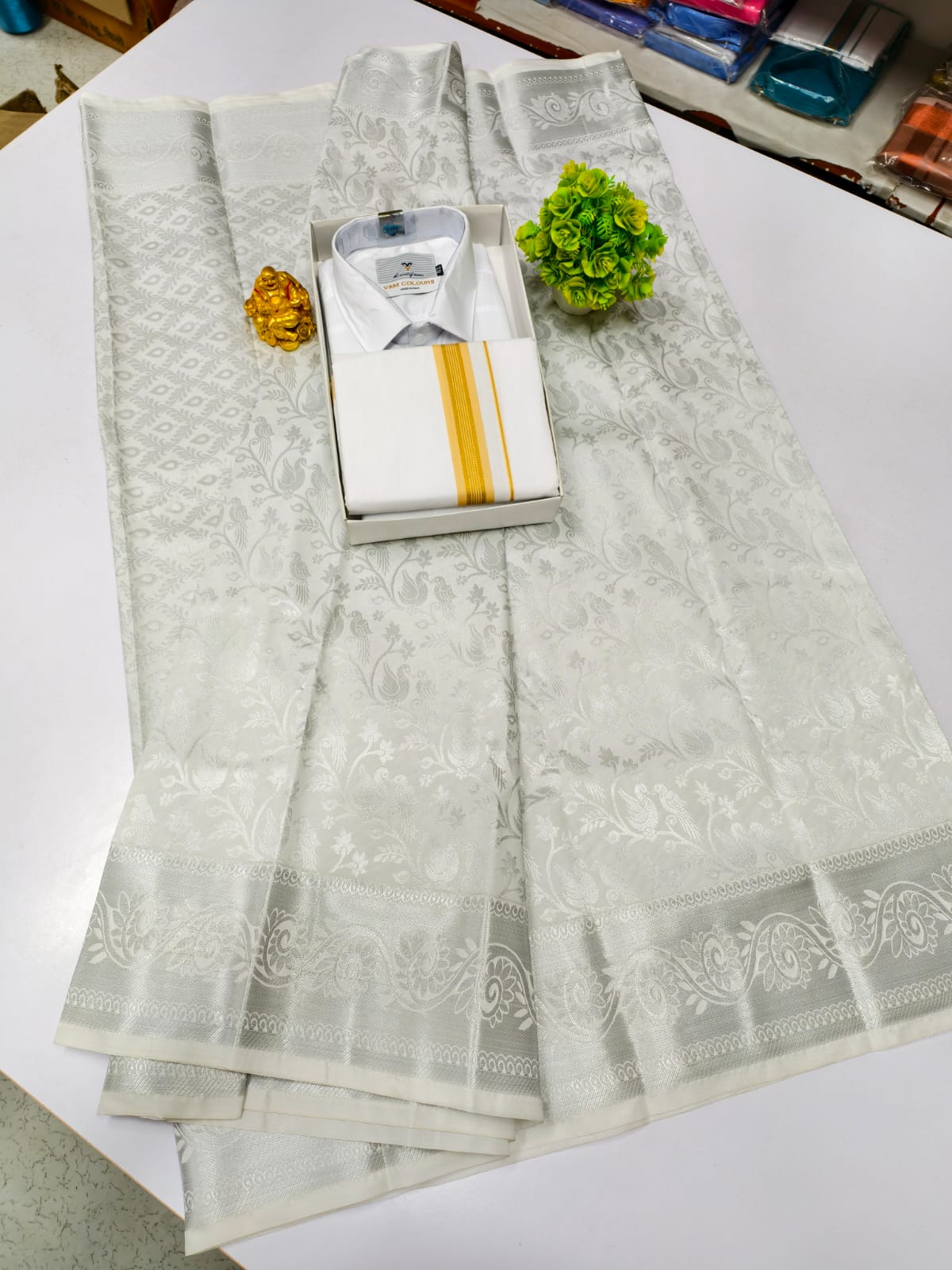 Semi Silk Saree & Cotton Dhoti Shirt - Couple Combo Set