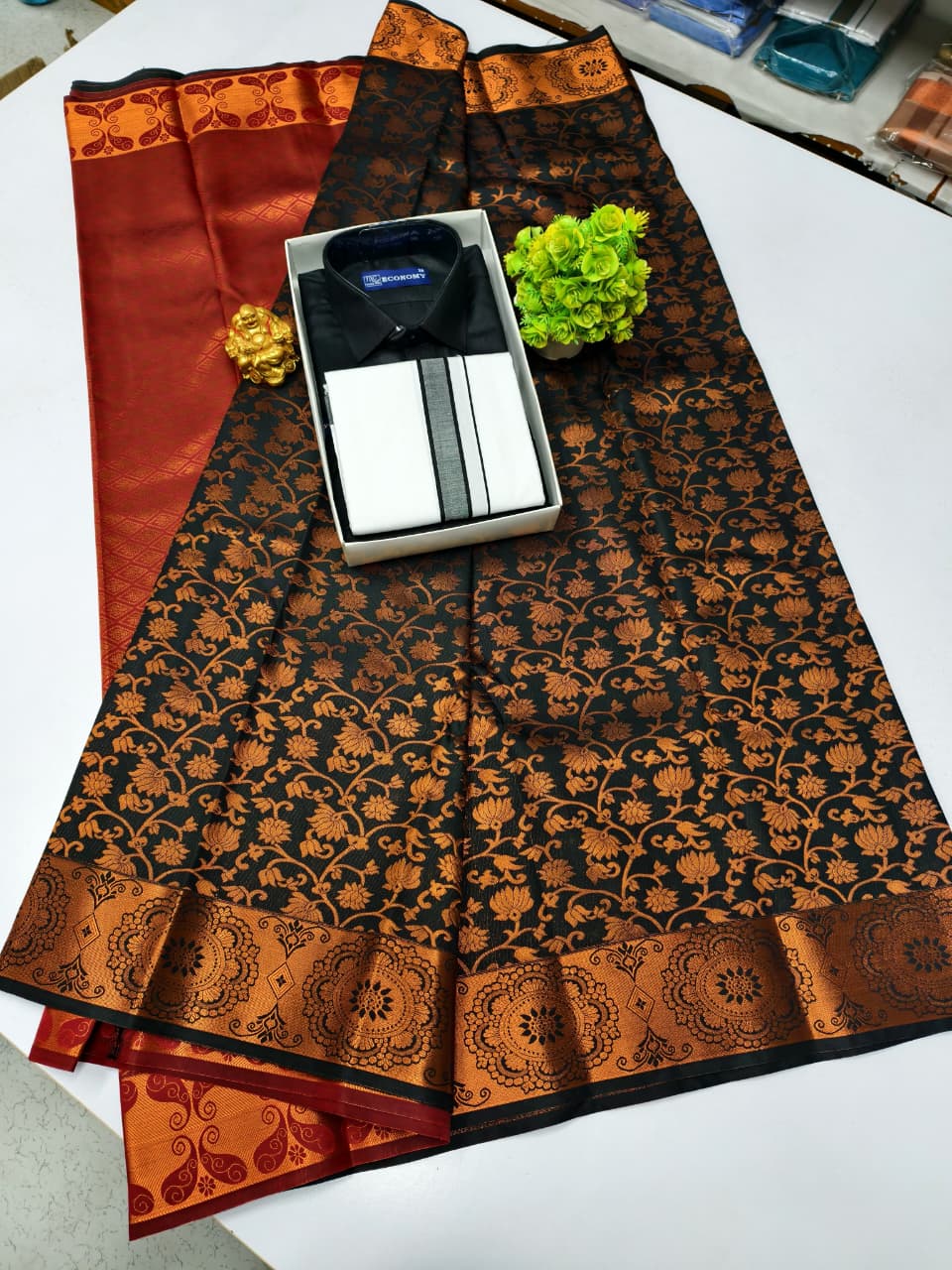 Semi Silk Saree & Cotton Dhoti Shirt - Couple Combo Set
