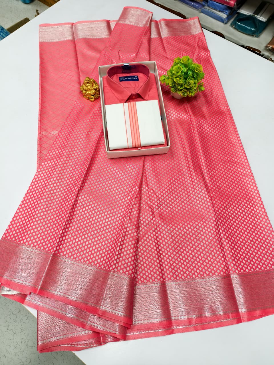 Semi Silk Saree & Cotton Dhoti Shirt - Couple Combo Set