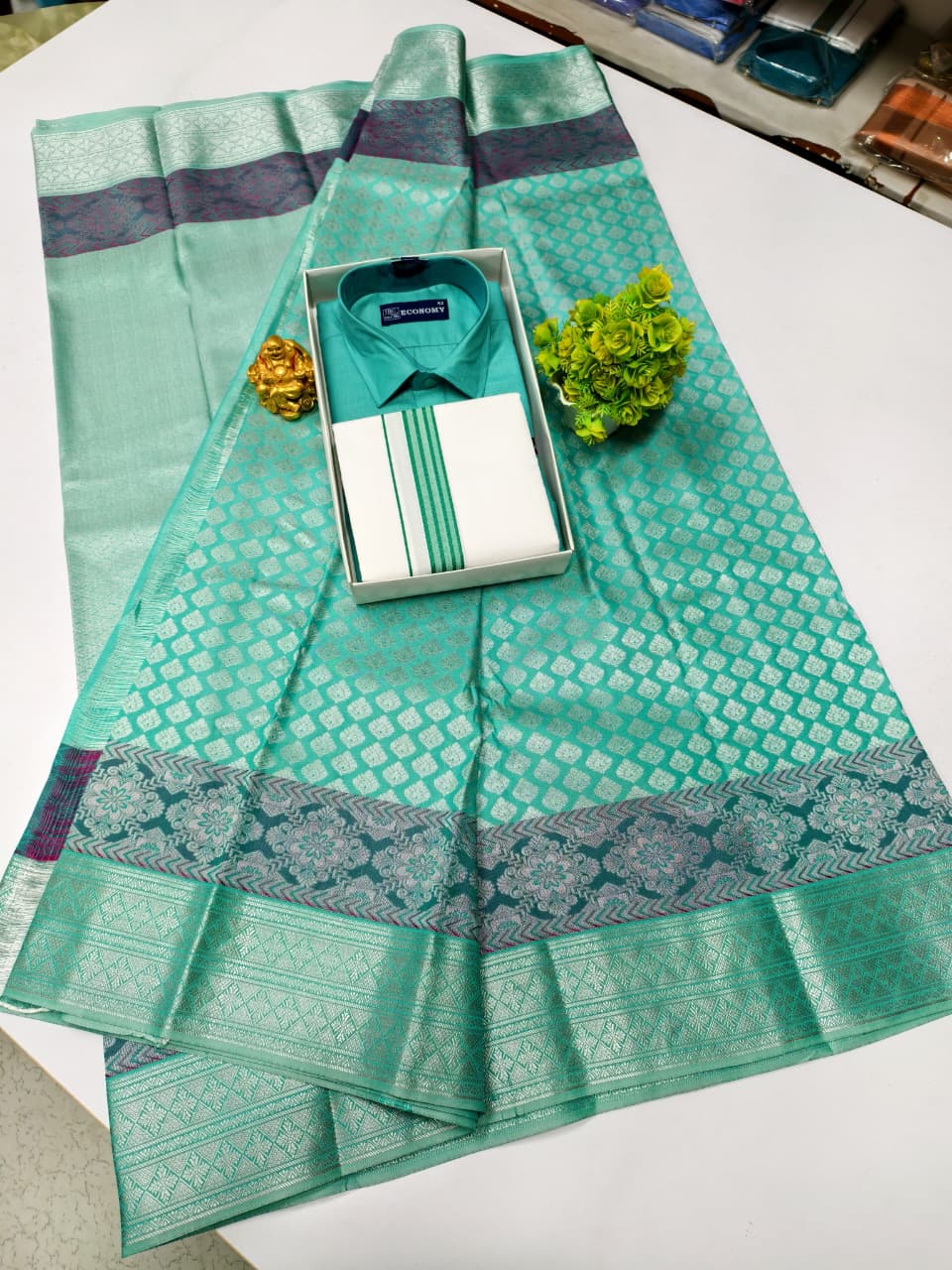 Semi Silk Saree & Cotton Dhoti Shirt - Couple Combo Set