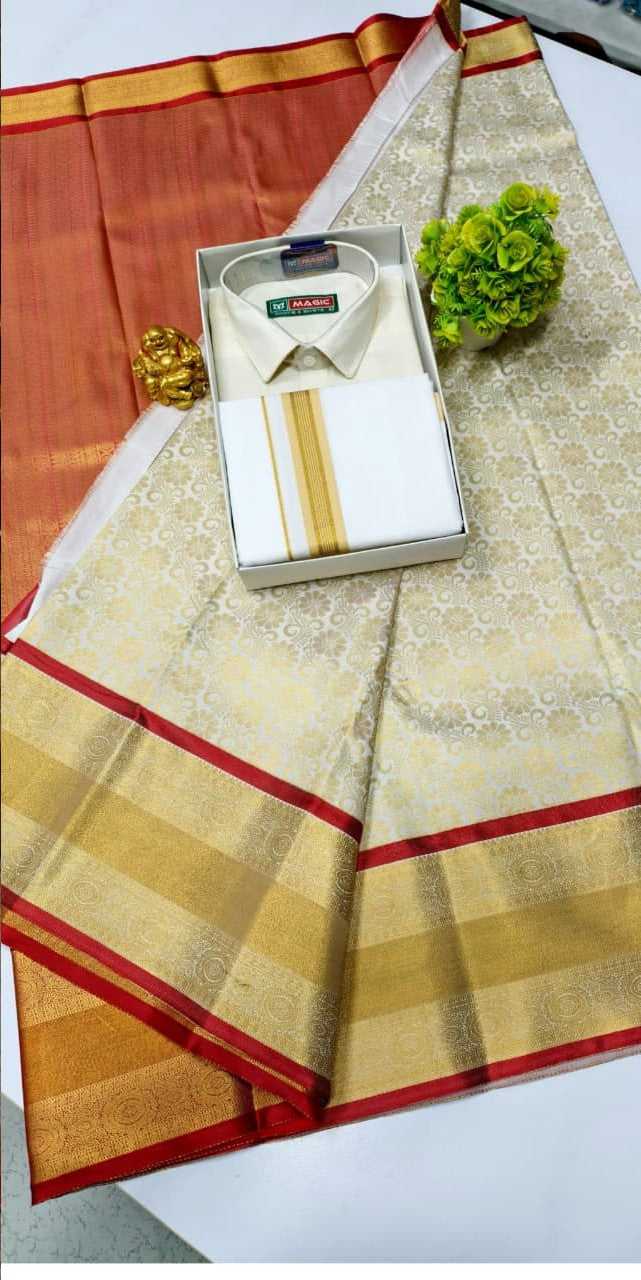 Semi Silk Saree & Cotton Dhoti Shirt - Couple Combo Set