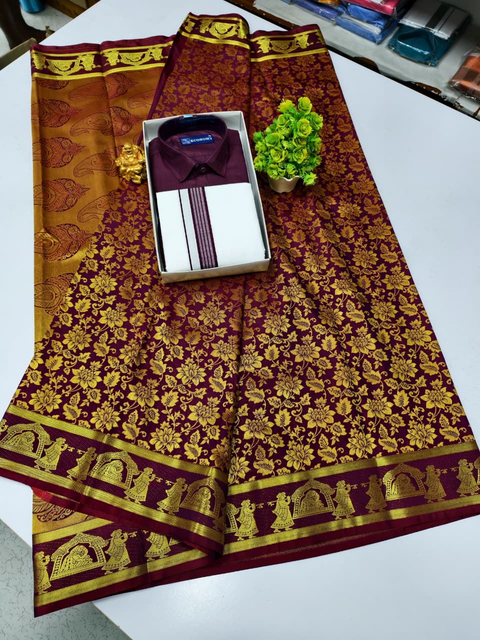 Semi Silk Saree & Cotton Dhoti Shirt - Couple Combo Set