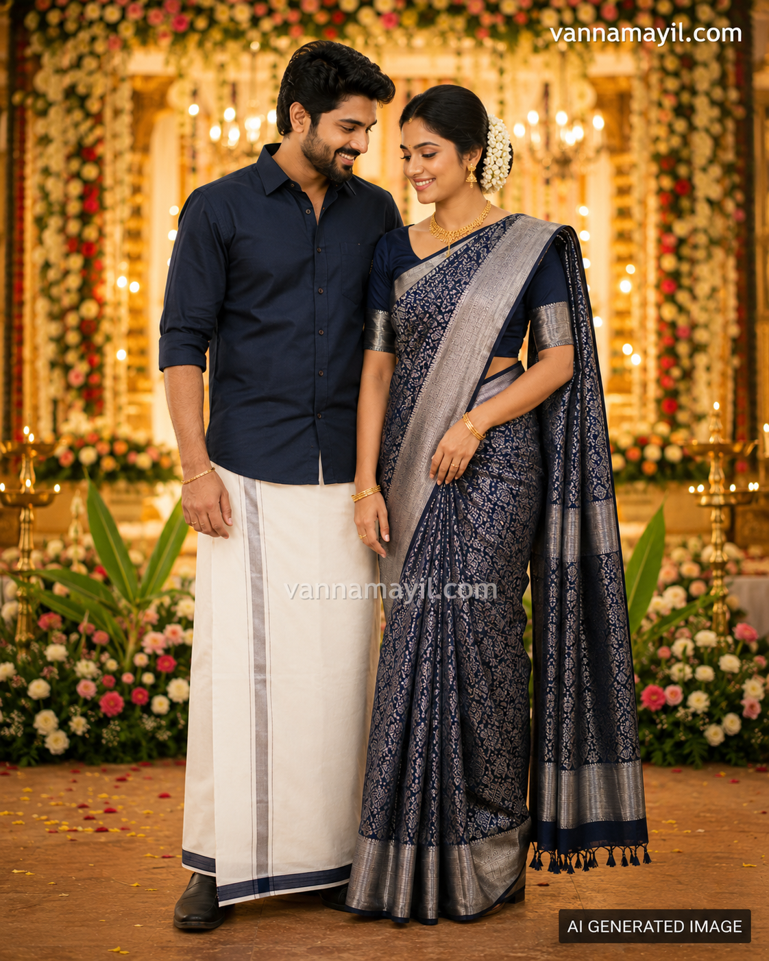 Semi Silk Saree & Cotton Dhoti Shirt - Couple Combo Set