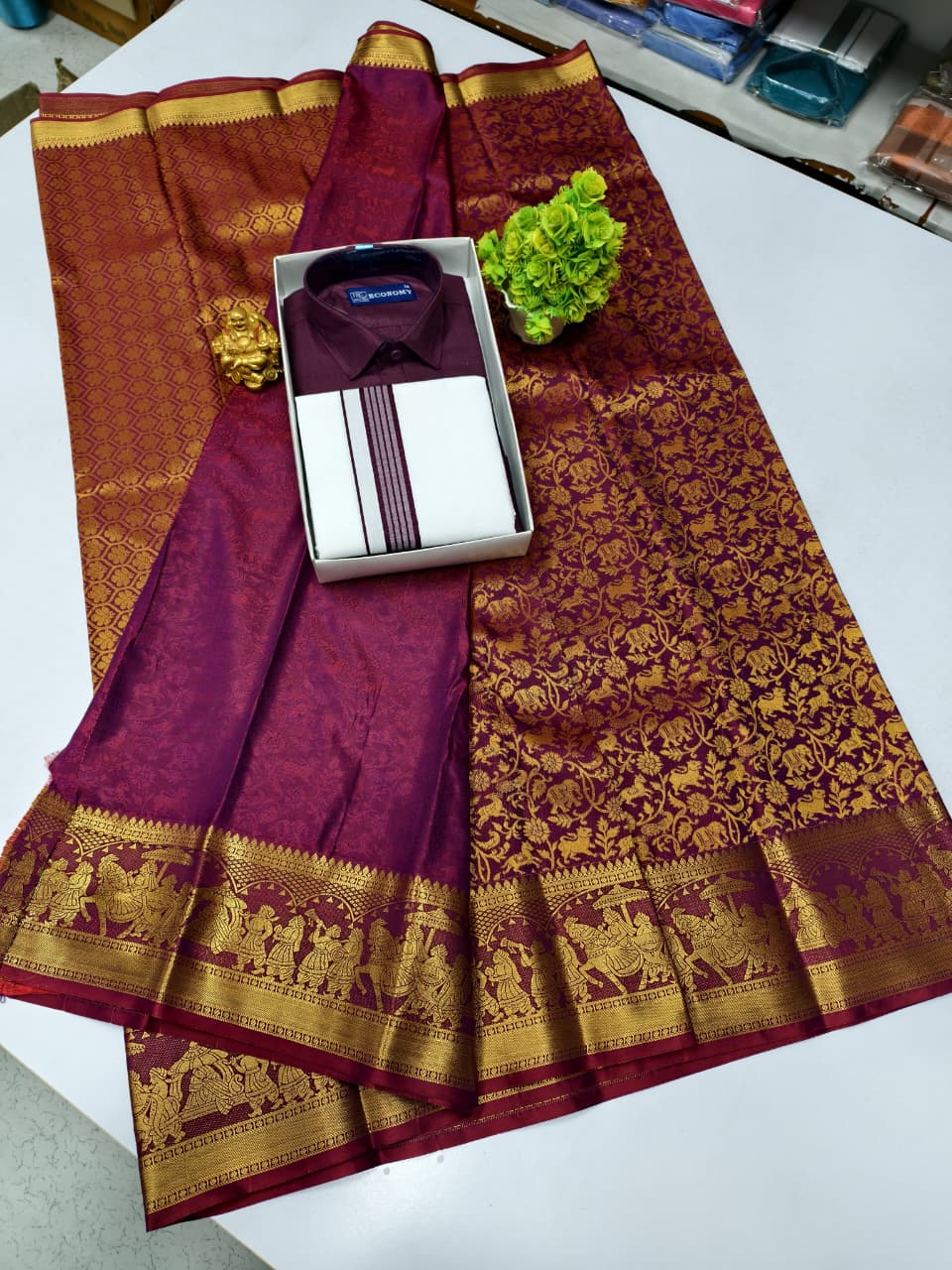 Semi Silk Saree & Cotton Dhoti Shirt - Couple Combo Set