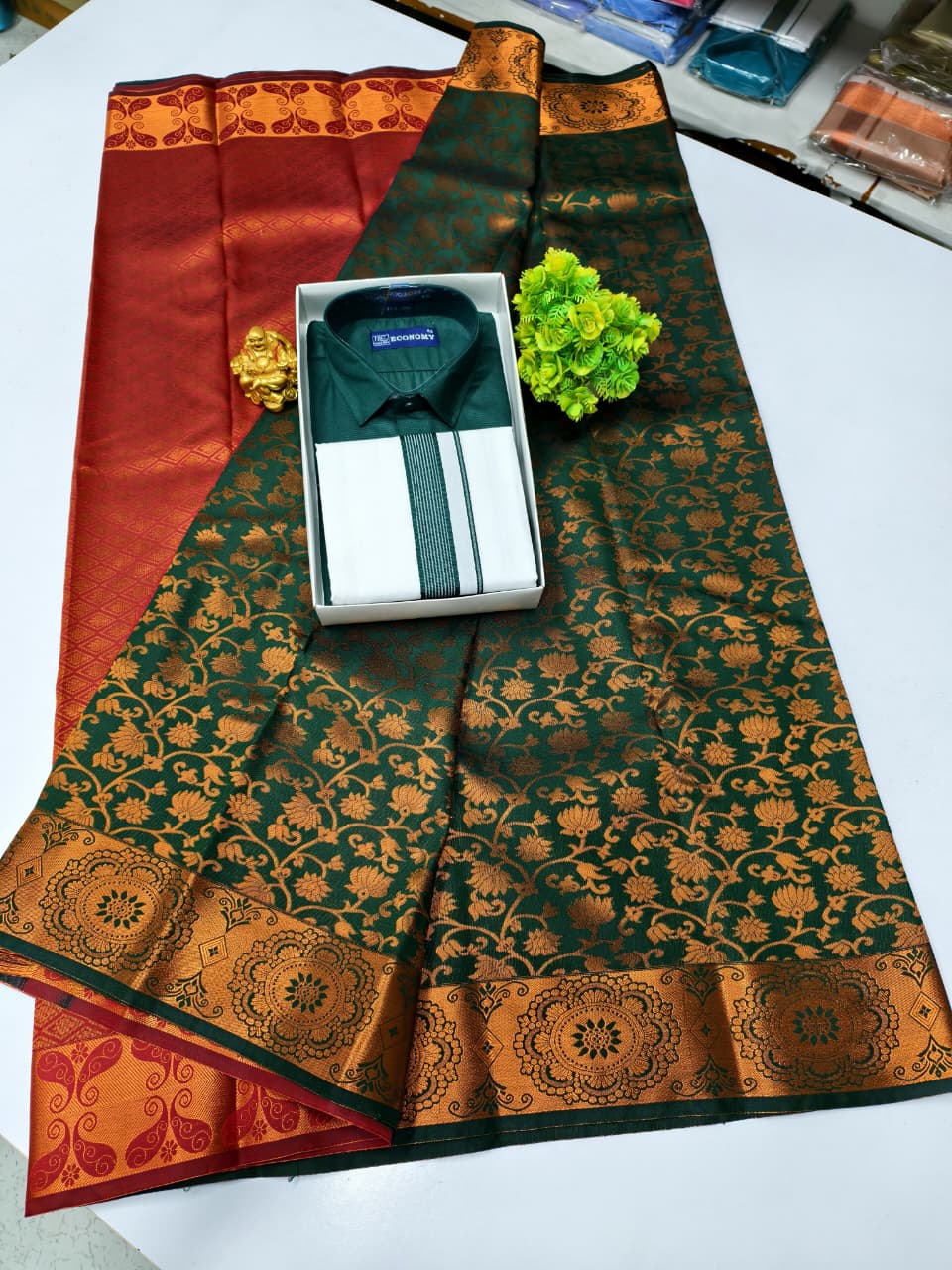 Semi Silk Saree & Cotton Dhoti Shirt - Couple Combo Set