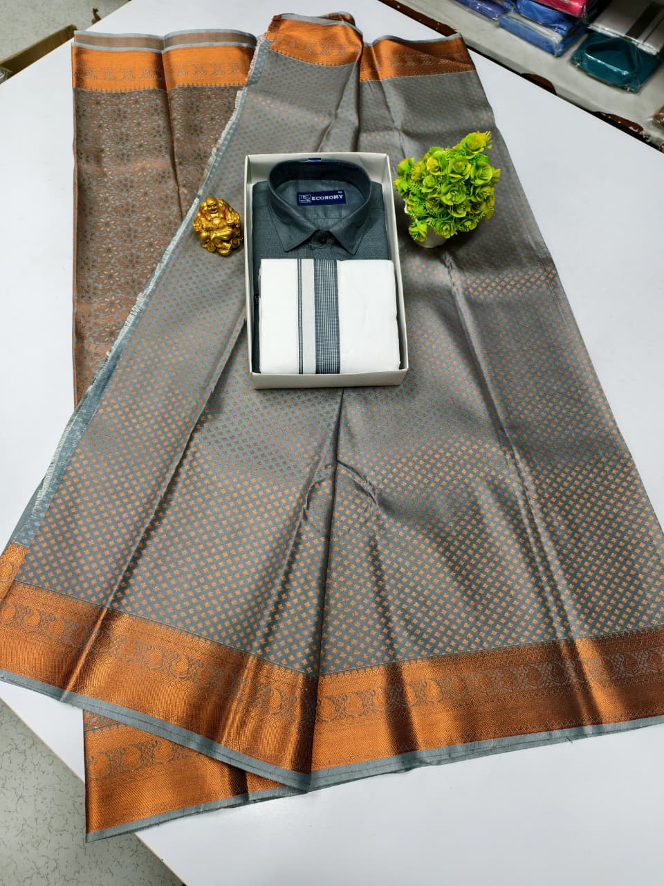 Semi Silk Saree & Cotton Dhoti Shirt - Couple Combo Set