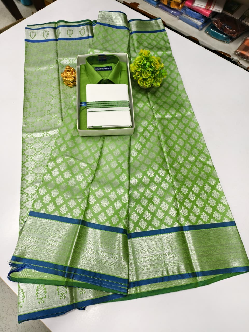 Semi Silk Saree & Cotton Dhoti Shirt - Couple Combo Set
