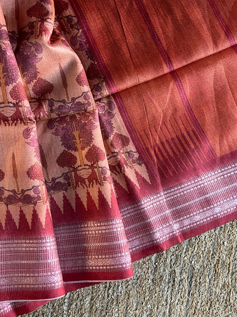 Digital kalamkari printed matka tussar silk saree