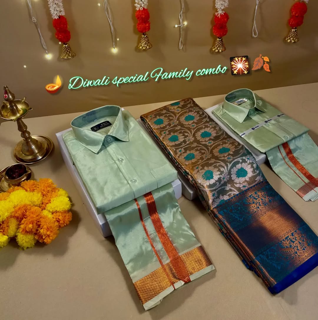 Family Combo - Semi Tissue Saree with Father and Son's Matching Dhoti Shirt