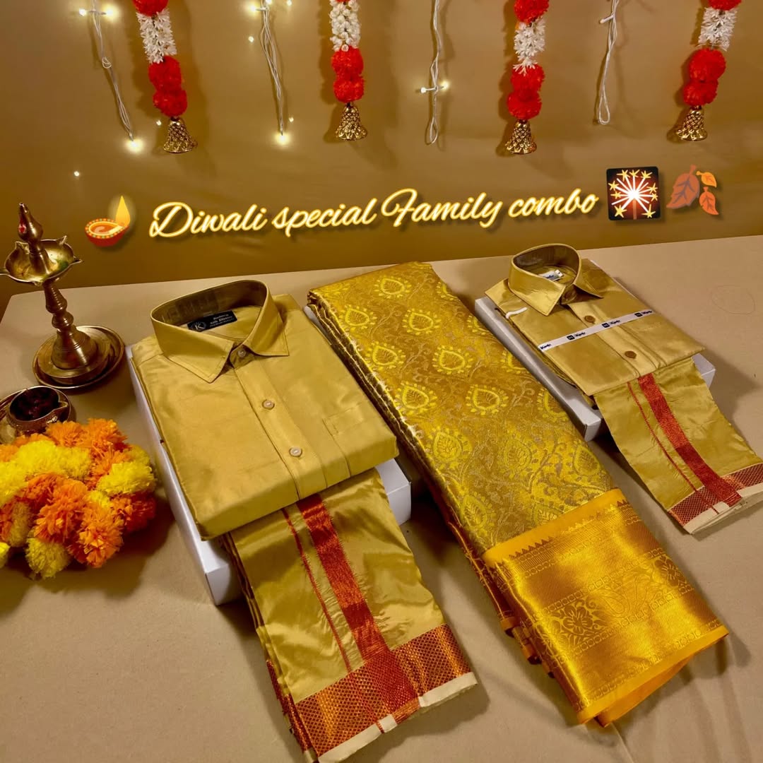 Family Combo - Semi Tissue Saree with Father and Son's Matching Dhoti Shirt