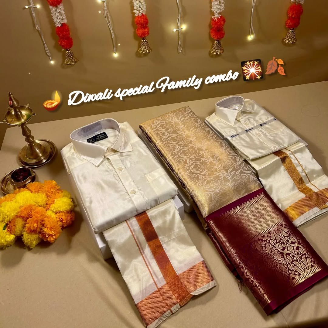 Family Combo - Semi Tissue Saree with Father and Son's Matching Dhoti Shirt