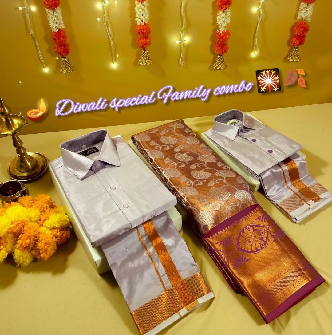 Family Combo - Semi Tissue Saree with Father and Son's Matching Dhoti Shirt