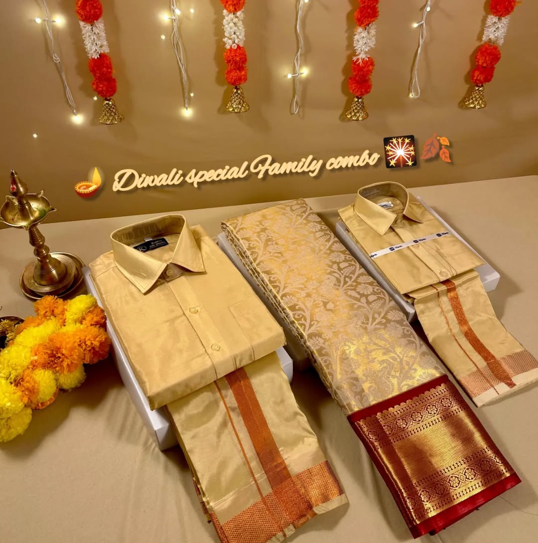 Family Combo - Semi Tissue Saree with Father and Son's Matching Dhoti Shirt