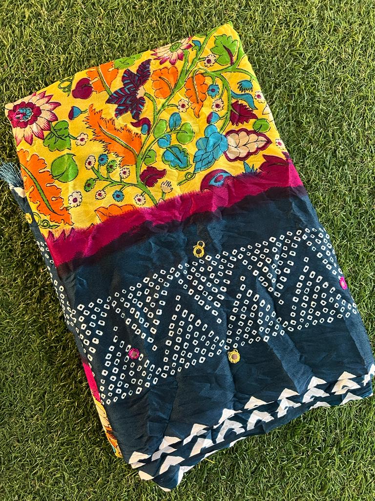 Fusion of kalamkari and bandhani printed crush silk saree