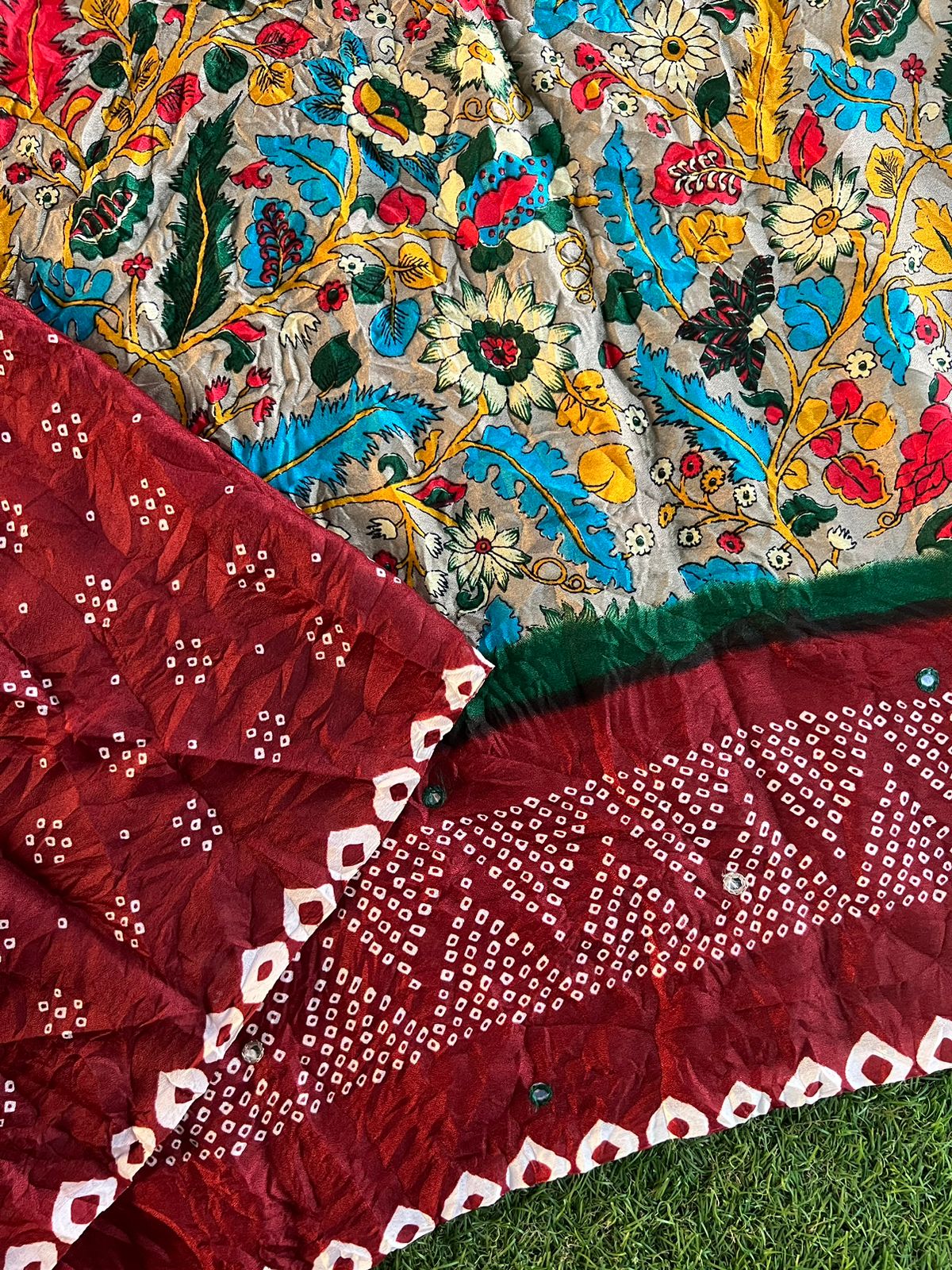 Fusion of kalamkari and bandhani printed crush silk saree