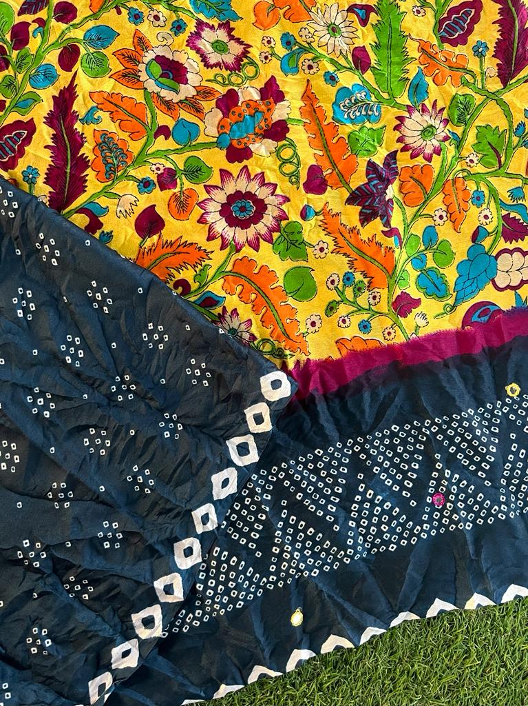 Fusion of kalamkari and bandhani printed crush silk saree