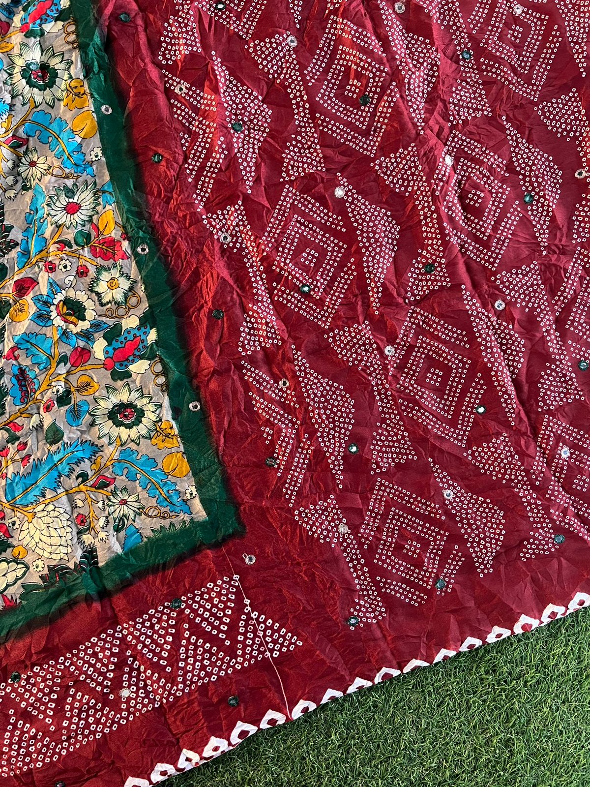 Fusion of kalamkari and bandhani printed crush silk saree