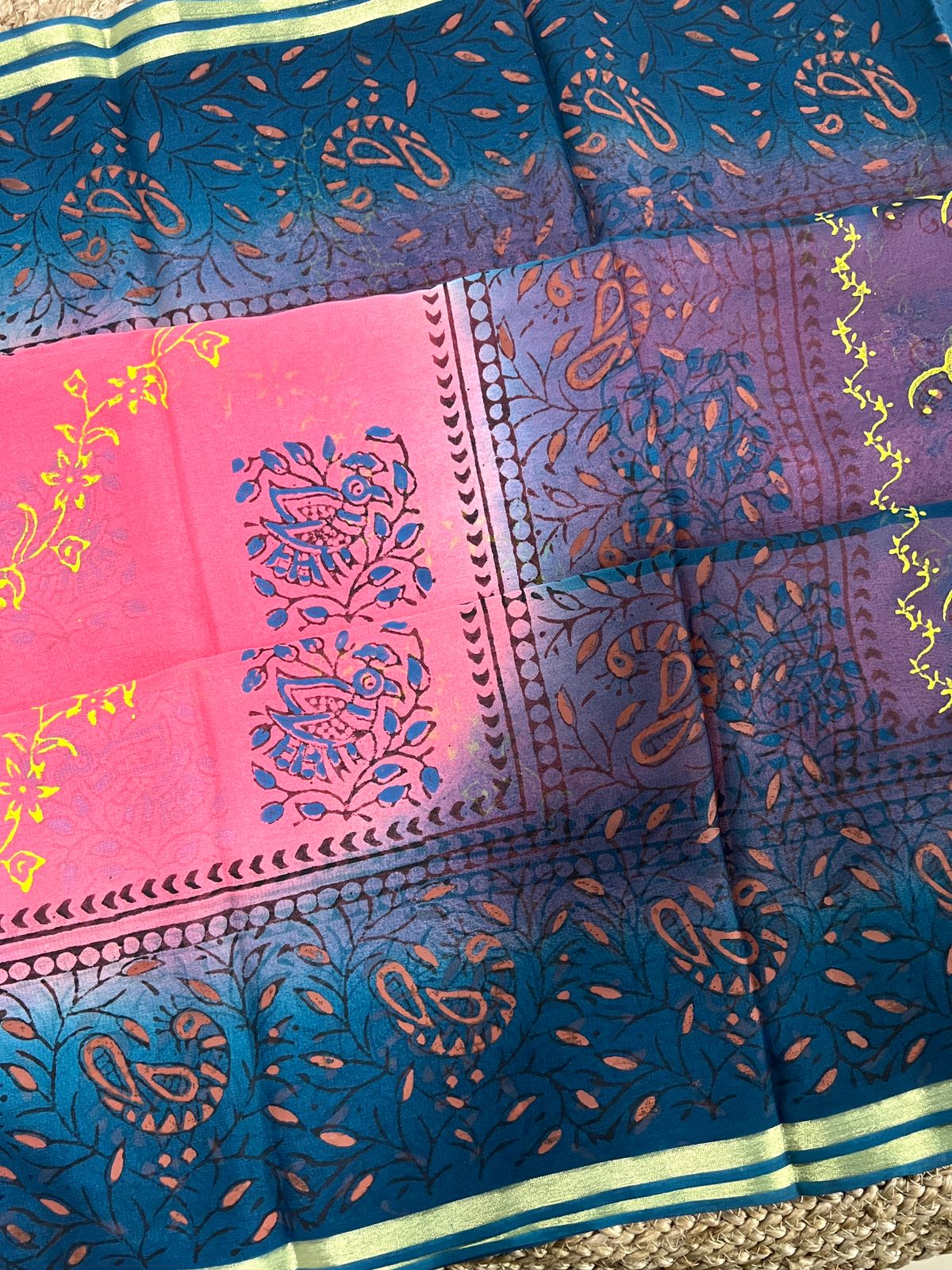 Hand Block Printed Light Weight Georgette Saree
