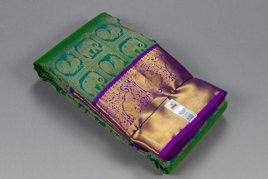 Handloom Pure Kanchipuram Peacock Green With Purple Colour Saree