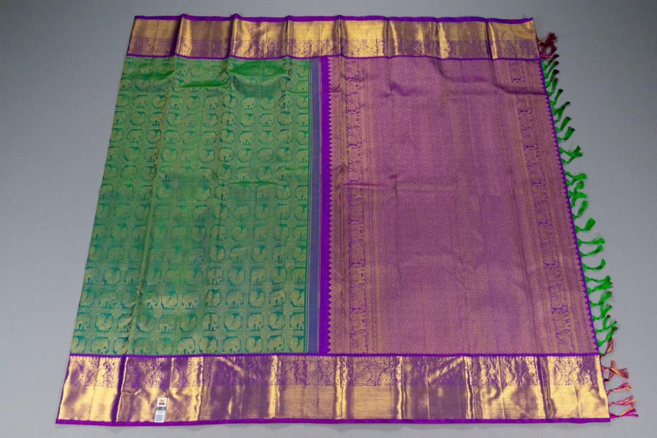 Handloom Pure Kanchipuram Peacock Green With Purple Colour Saree