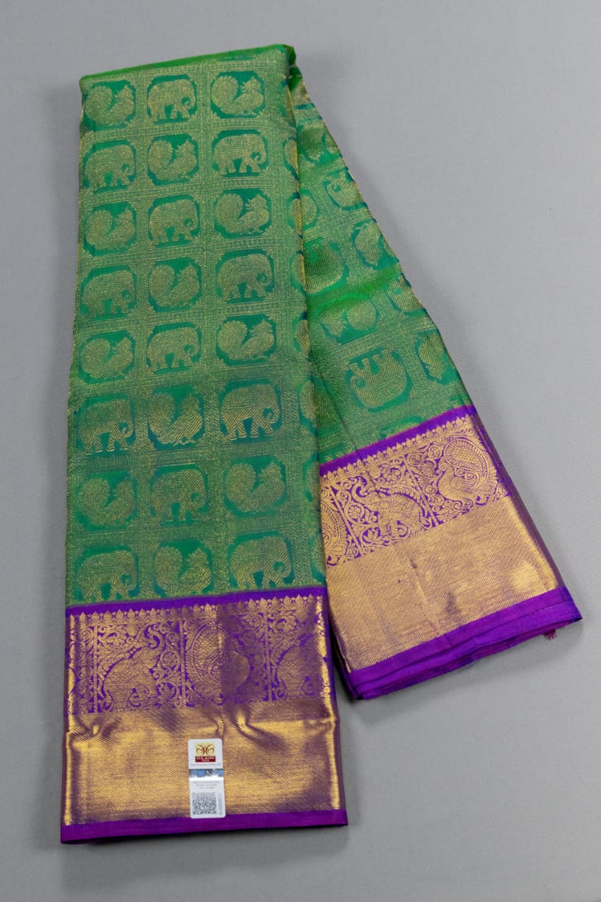 Handloom Pure Kanchipuram Peacock Green With Purple Colour Saree