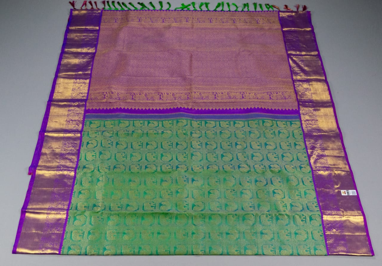 Handloom Pure Kanchipuram Peacock Green With Purple Colour Saree