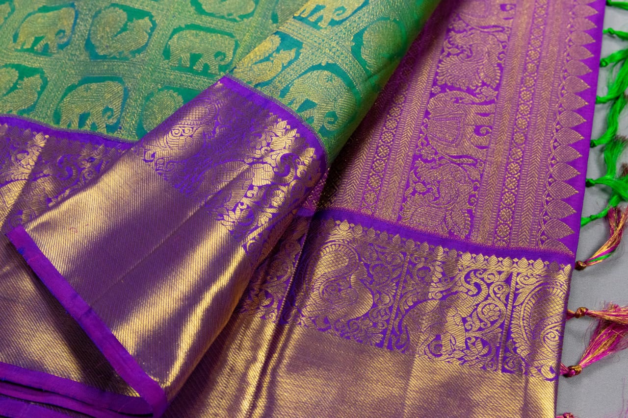 Handloom Pure Kanchipuram Peacock Green With Purple Colour Saree