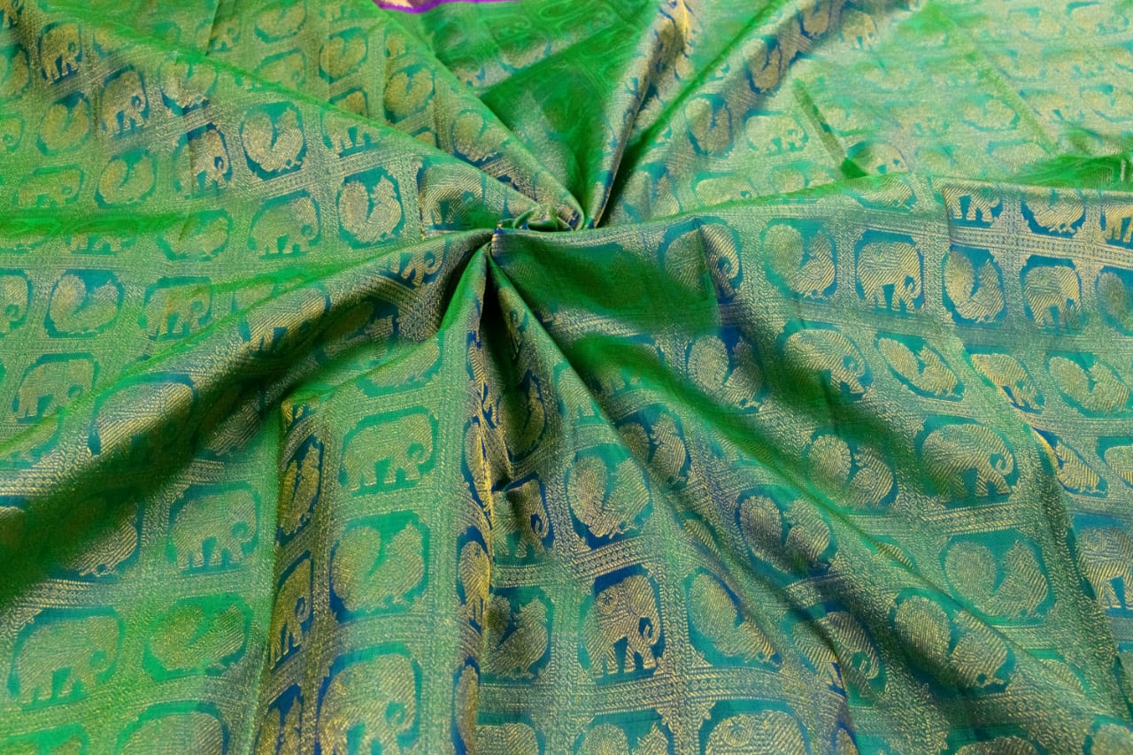 Handloom Pure Kanchipuram Peacock Green With Purple Colour Saree