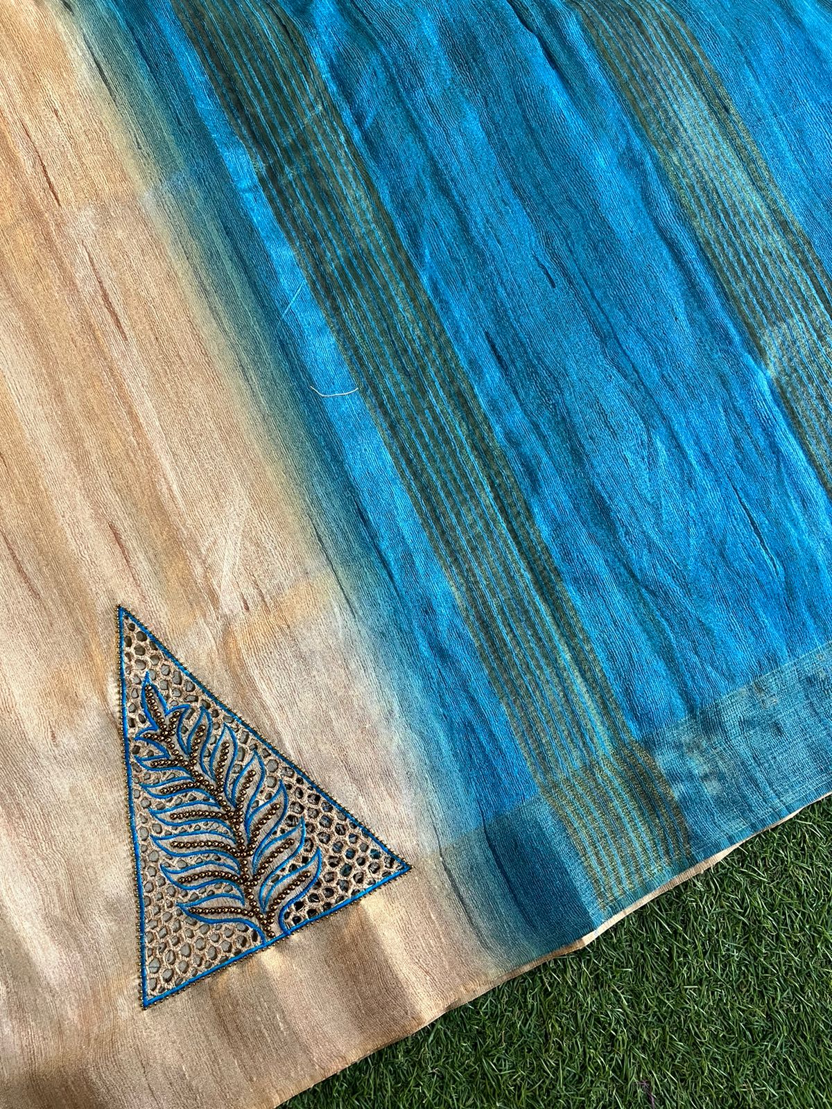 Handmade cut work and aari work semi tussar dupion silk saree