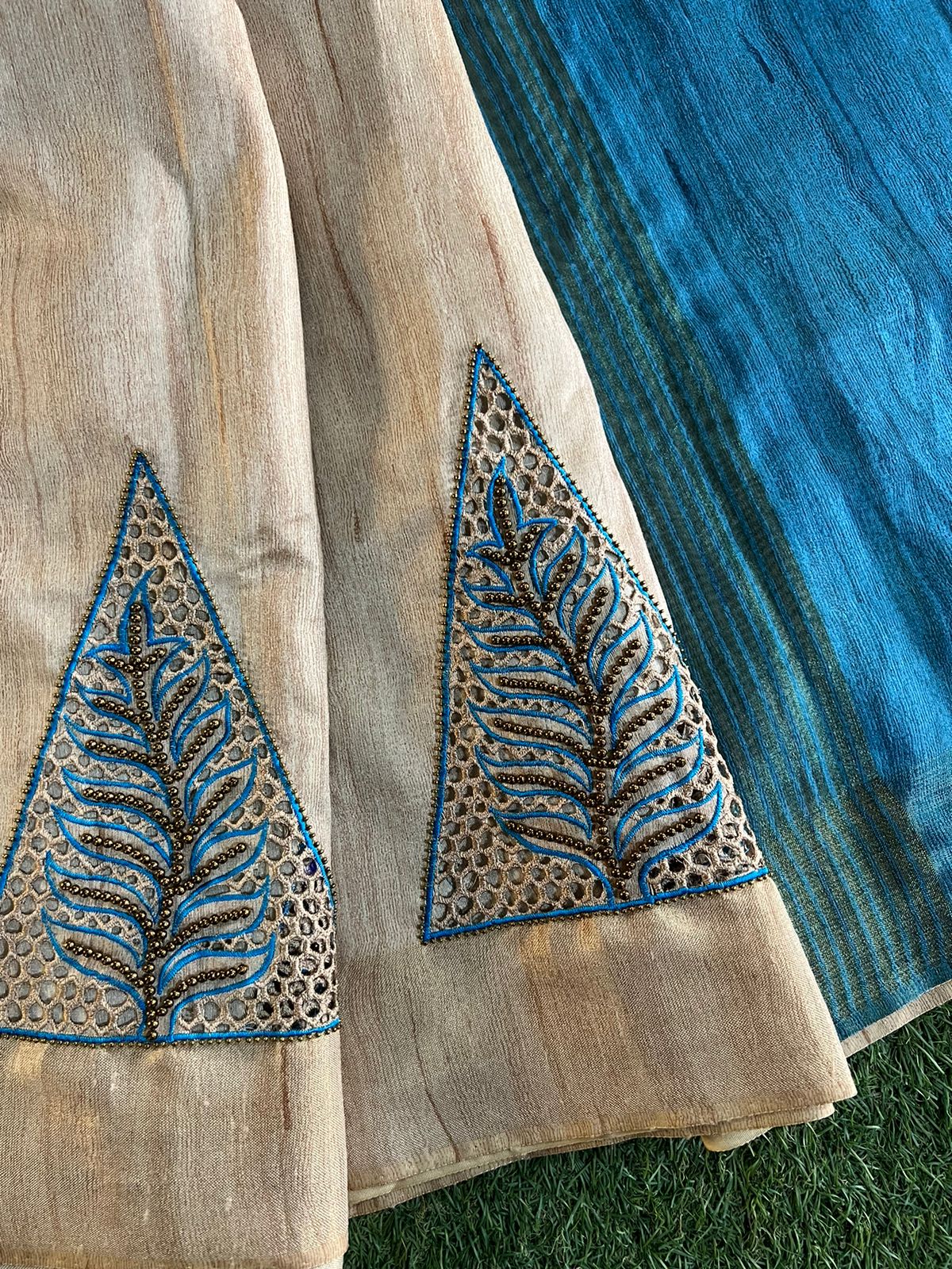 Handmade cut work and aari work semi tussar dupion silk saree