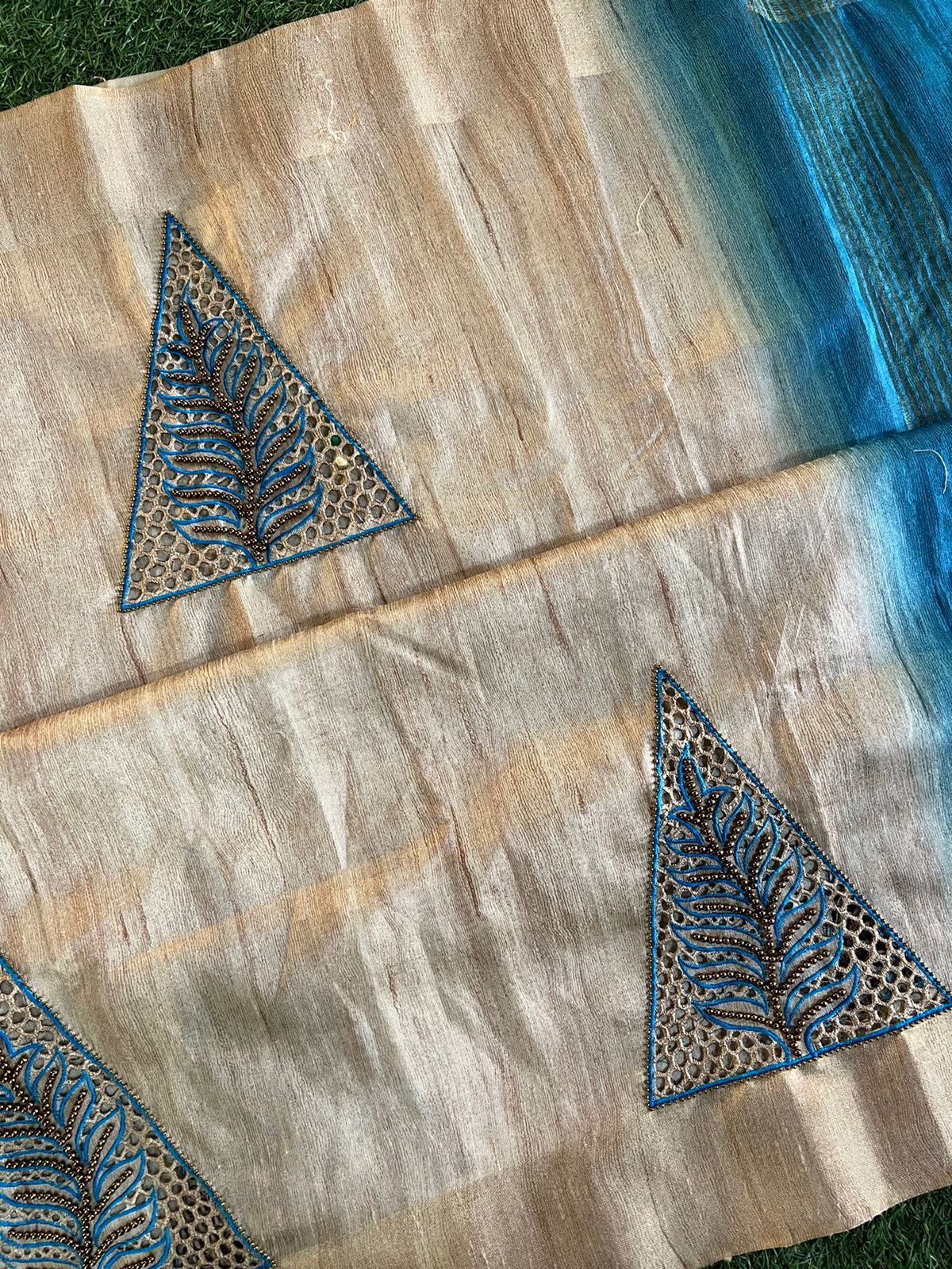 Handmade cut work and aari work semi tussar dupion silk saree