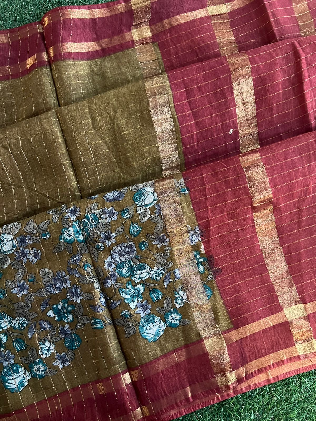 Handwoven zari checks bhagalpur tussar cotton saree