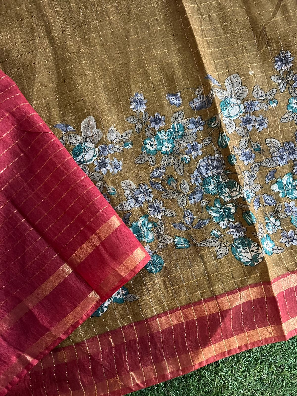 Handwoven zari checks bhagalpur tussar cotton saree