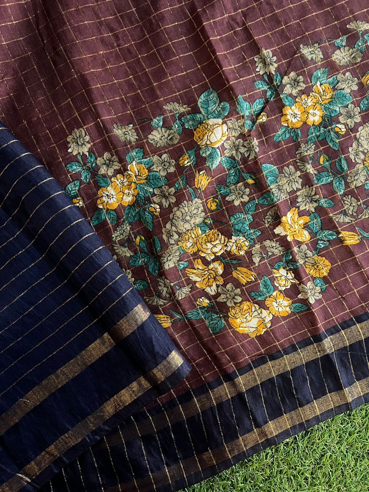 Handwoven zari checks bhagalpur tussar cotton saree
