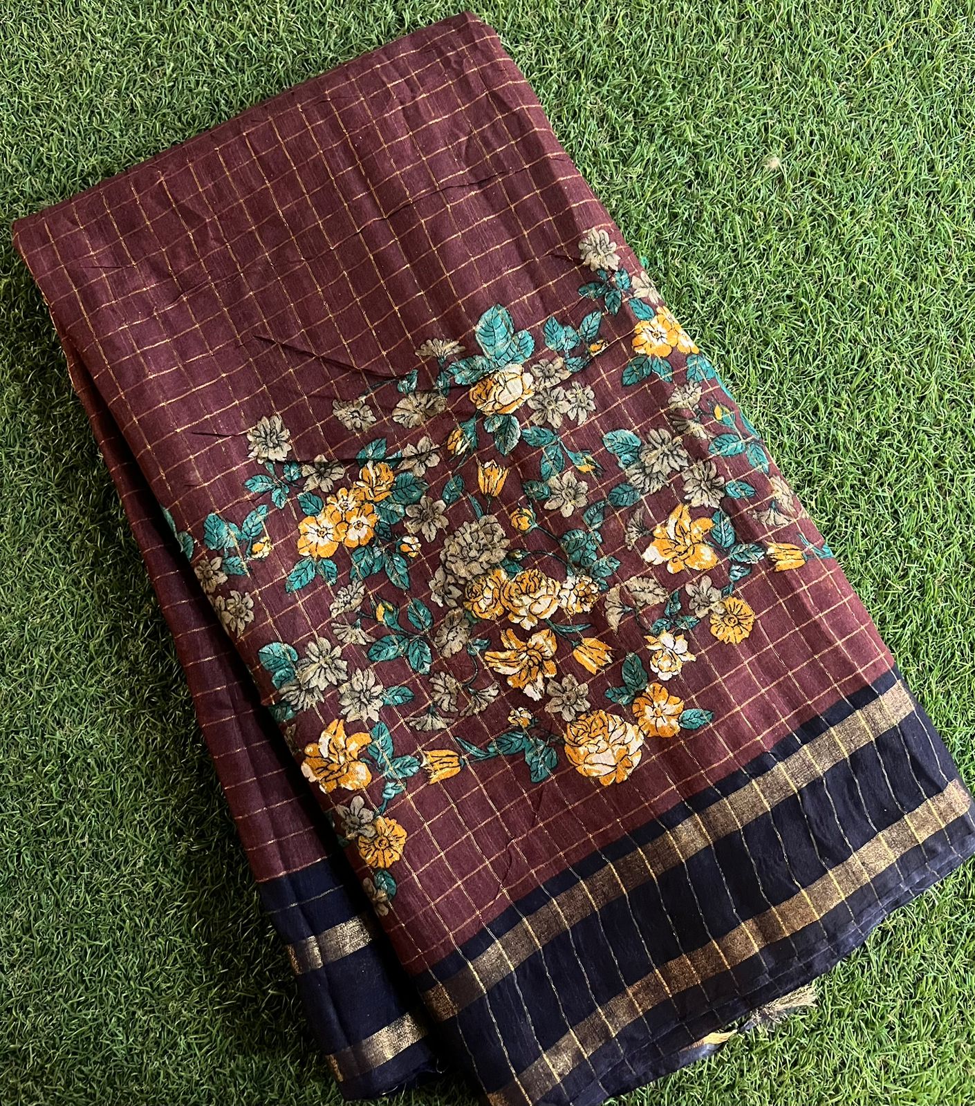 Handwoven zari checks bhagalpur tussar cotton saree