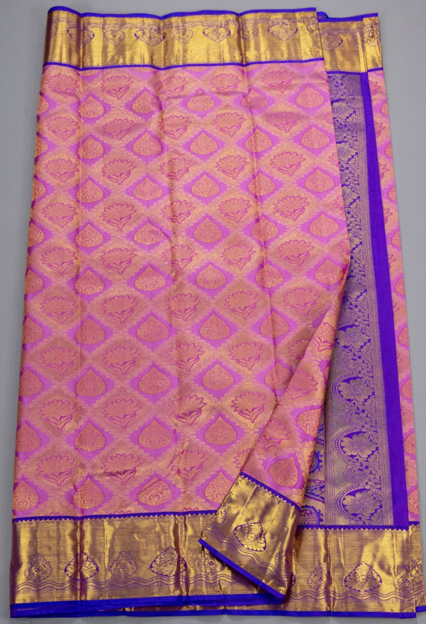 Kanchipuram Lotus Pink With Royal Blue Colour Saree