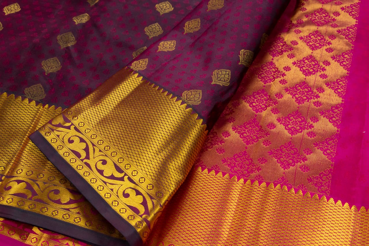 Kanchipuram Maroon With Pink Colour Pure Silk Saree