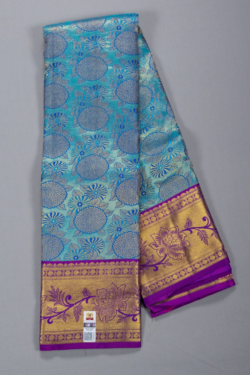Kanchipuram Turquoise Blue With Purple Colour Saree