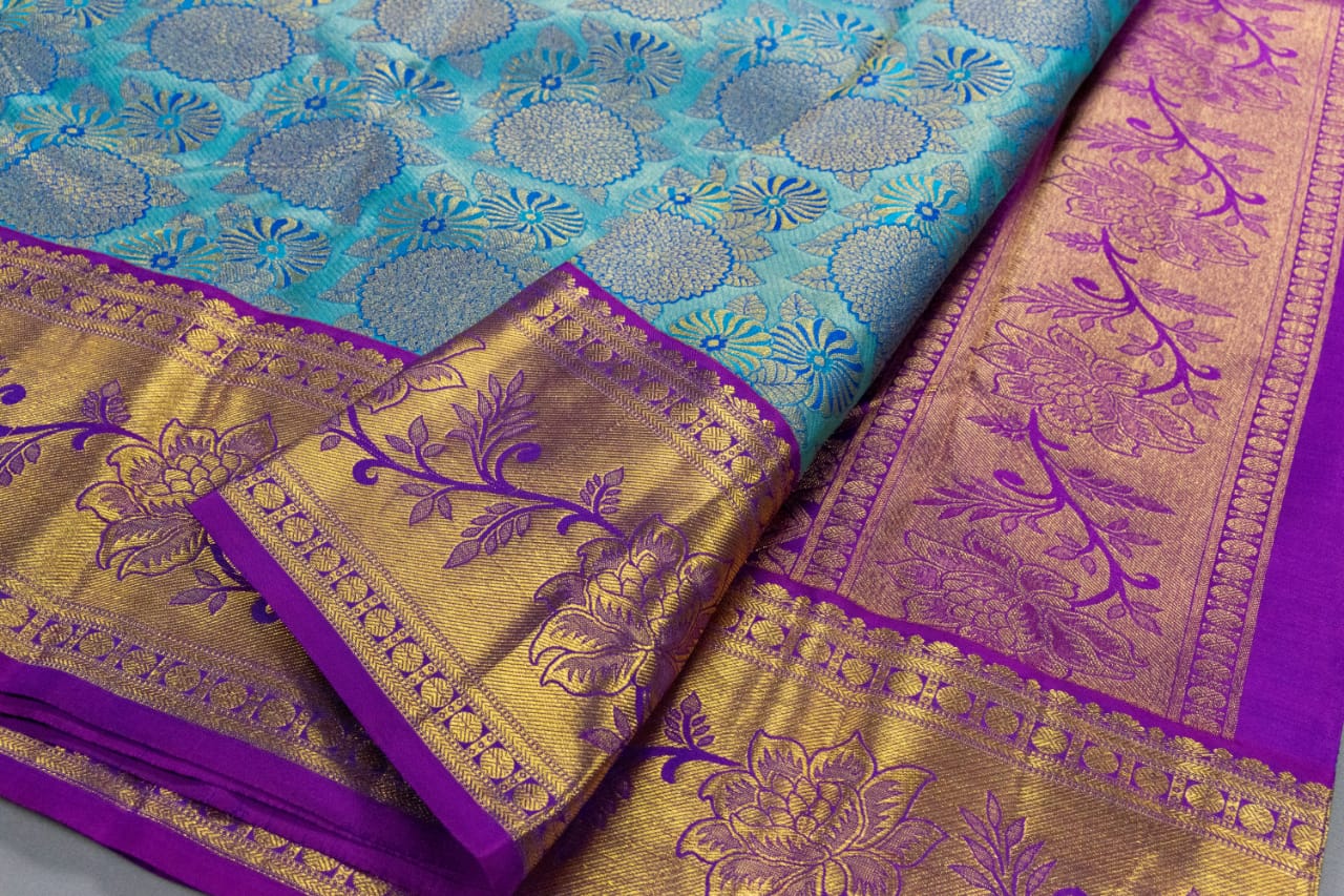 Kanchipuram Turquoise Blue With Purple Colour Saree