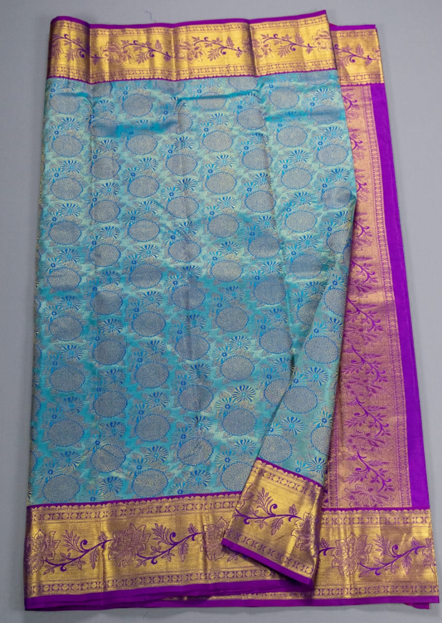 Kanchipuram Turquoise Blue With Purple Colour Saree
